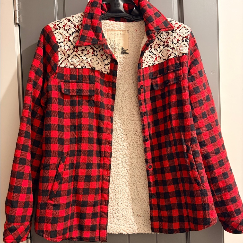 Buffalo Plaid Lace Sherpa Shacket – Boutique Medium (Fits S)